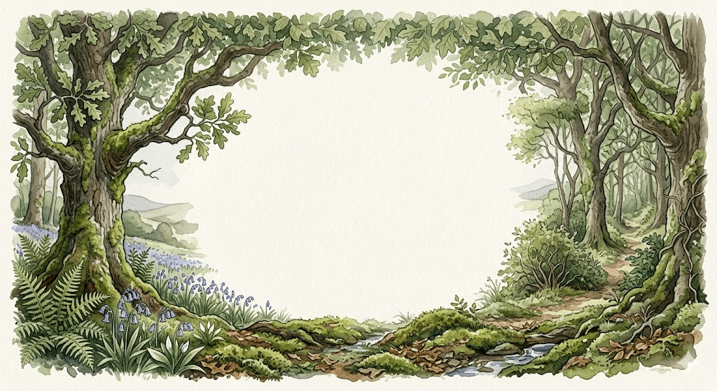 Watercolour illustration of an ancient UK woodland framing the page